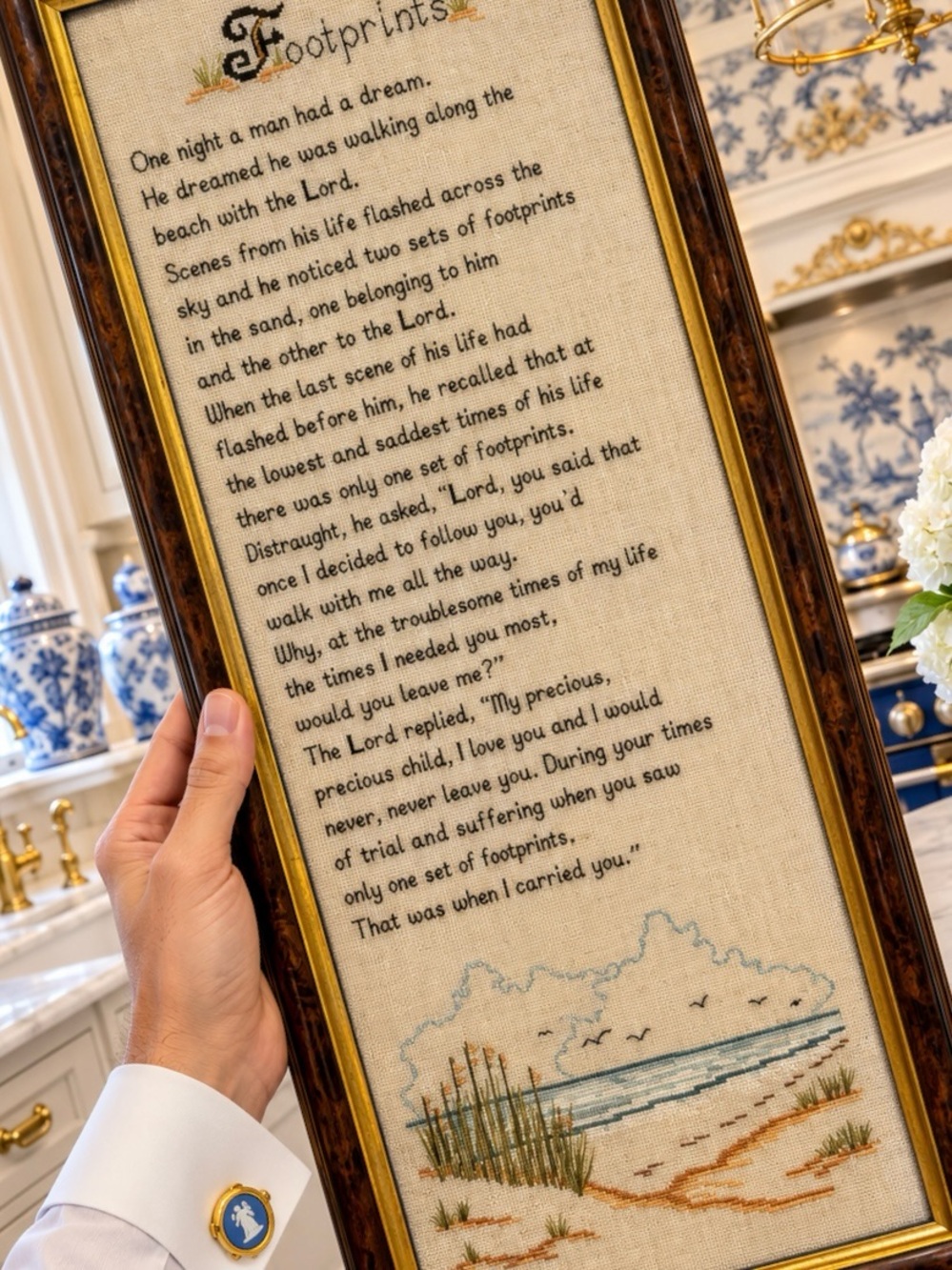 Original Vintage Fine Art Embroidery Cross Stitch Footprints In The Sand Poem